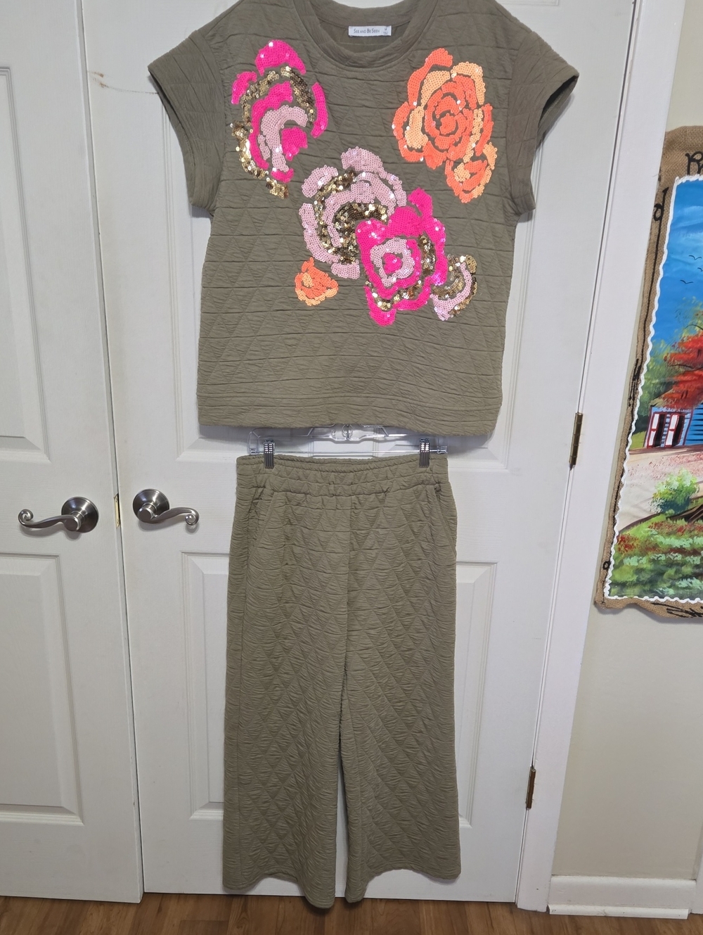Sequin Floral Olive Green Quilted Jogger Top And Pants